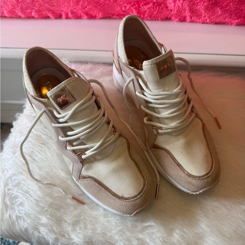 Michael Kors Cream & Pastel Pink Wedge Sneakers